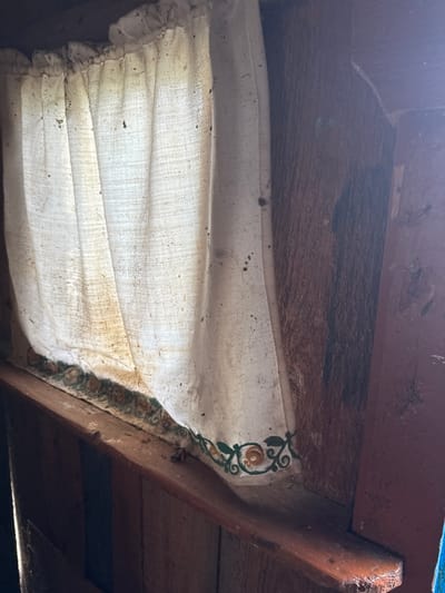 A white, dusty curtain with a floral trim hangs in front of a dark wooden wall. The curtain is gathered at the top, creating folds and pleats. Small dark specks, likely dust or debris, are visible on the fabric. The wooden wall behind the curtain has a rough texture and appears to be aged. The lighting suggests an indoor environment, possibly a window or a partition within a structure. The scene conveys a sense of disuse or neglect. There are no people or animals visible in the image.