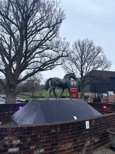 An outdoor scene captured under an overcast sky displays a dark-colored horse statue positioned centrally on a large, dark, trapezoidal plinth. The statue depicts a horse in a walking pose, facing right. This plinth is situated within a low, weathered red brick wall enclosure. A white "CAUTION" sign with a black exclamation mark is affixed to the brick wall on the right. Reflections of purple light are visible on the plinth's dark surface on both the left and right sides.
In the midground, behind the horse statue, a traditional red British K6 telephone box stands prominently. To its right, a modern, two-story building with dark, horizontally-clad exterior walls and large windows is visible. Signs near the building's entrance read "FRONT DESK," "SHOP," and include directional arrows. To the left of the horse statue, a car park holds several vehicles, including multiple white SUVs and dark-colored cars.
The background features numerous large deciduous trees, bare of leaves, indicative of winter or early spring. A large, gnarled oak tree dominates the left side of the frame. Rolling green terrain is visible behind the car park. The sky is uniformly grey and cloudy.
This scene is located at Old Thorns Hotel & Resort in Liphook, East Hampshire, United Kingdom.