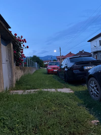 The image captures a quiet street scene in Chelopech, Bulgaria, during the twilight hours. The sky is a deep blue, hinting at the end of the day. In the foreground, a patch of overgrown green grass lines a concrete walkway. To the left, a rough concrete wall supports a vibrant bush of red roses, their petals full and bright against the dimming light. Beyond the wall, a line of thin vertical posts stretches into the distance.
Parked along the side of the road are several cars. A bright red car is visible to the left, followed by a sleek black sedan with tinted windows and a visible license plate reading "PB 9698 HD". Another car, partially visible, is parked to the right, showing its rear wheel. The street is lined with houses, their roofs and windows suggesting a residential area. In the background, a street lamp casts a faint glow, and mountains are visible on the horizon. The overall atmosphere is serene and peaceful.