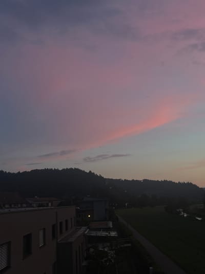 The image captures a dusky sky with hues of pink and purple over the town of Hausach, Germany. In the foreground, the dark silhouettes of buildings, possibly residential or commercial, are visible. A long, light-colored building with visible windows dominates the left side of the frame. Further into the scene, a treed hillside forms a dark, undulating backdrop against the fading light. A path or road cuts through a grassy area to the right, leading towards a winding body of water, likely a river, that meanders through the landscape. The overall impression is one of a quiet, twilight scene in a semi-urban environment nestled amongst nature.