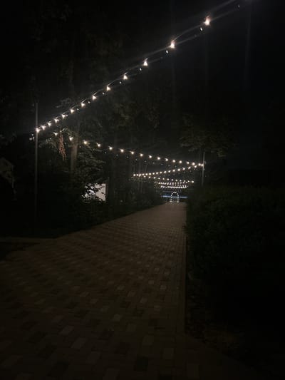The image depicts a pathway at night, illuminated by strings of lights. The pathway, made of brick pavers, is bordered by dark foliage and trees. In the distance, the pathway leads towards an illuminated archway. The scene appears to be an outdoor setting, possibly a park or event venue, in Kudashivka, Ukraine. No people are visible in the image.