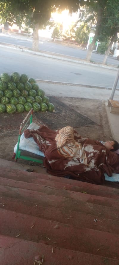 In Parkent, Uzbekistan, a young boy sleeps on a cot covered by a blanket depicting tiger faces. The cot is positioned on a dirt patch next to a large pile of watermelons. The scene is set outdoors with a paved road and trees visible in the background.