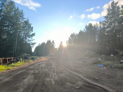The image depicts a dirt road in a wooded area, possibly on the outskirts of the city of Gremochiy, Russia. The road is marked with tire tracks from heavy machinery. On the left side of the road, there is a collection of rusty, old vehicles and scrap metal, partially overgrown with grass. On the right side, a large pile of logs is stacked, suggesting a logging or lumber operation. The sun is low in the sky, casting a bright glare and creating lens flares, indicating it is either sunrise or sunset. Tall pine trees line both sides of the road and extend into the background, with a few white clouds scattered across the bright blue sky. There are no people visible in the image.