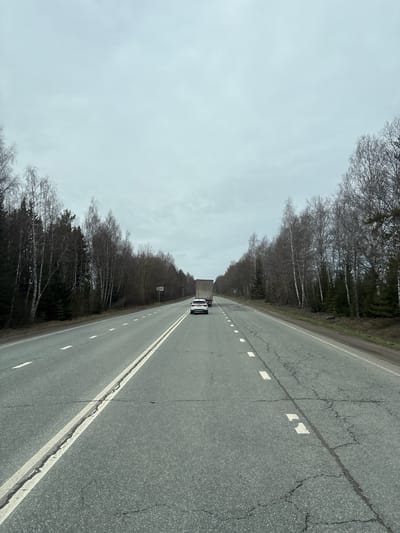 The image shows a straight, cracked asphalt road stretching into the distance, flanked on both sides by dense, leafless trees under an overcast sky. A couple of vehicles are visible on the road in the distance. Road markings, including a solid white line and intermittent white rectangles, are present on the road surface. The location is the city of Kukui, Russia.