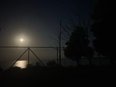 This image captures a nighttime scene at the Durankulak Lake in Durankulak, Bulgaria. The moon is prominent in the upper left quadrant, casting a bright reflection on the water's surface. A chain-link fence runs horizontally across the mid-section of the image, with silhouettes of trees and vegetation in the foreground and background. The sky is dark and appears clear, with a few faint stars visible. The overall impression is one of a serene and quiet night by the lake.
