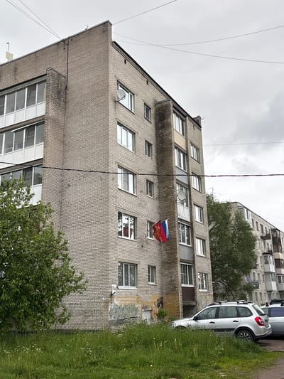 A low-angle shot reveals a brick apartment building under an overcast sky, presumably located in Ulyanovka, Russia, due to the presence of a Russian flag displayed on one of the balconies. The building, characterized by its rectangular shape and numerous windows, appears to be of Soviet-era construction. A white car is parked adjacent to the building, partially obscured by lush green grass. A mature tree is also visible near the base of the building. Overhead power lines run across the sky, adding to the urban landscape. In the background, another multi-story building can be seen. The overall scene conveys a sense of ordinary life in a Russian residential area.