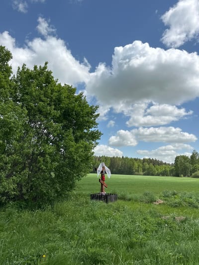 The image shows a rural landscape in Задорʼеўскі сельскі Савет, Belarus. In the foreground, there's a large green tree. Behind the tree is a grassy field with some taller grass closer to the right side of the image. In the middle of the field, slightly off-center, stands a dark wooden structure with a decorative white cloth draped over it and some red flowers. The background consists of a line of trees and a bright blue sky with fluffy white clouds. The image seems to be taken on a sunny day.