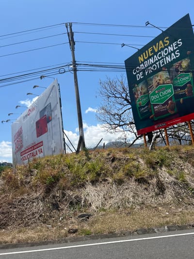 The image shows a roadside scene in Pozos, Costa Rica (latitude: 9.948, longitude: -84.177), featuring two billboards. The billboard on the left advertises a 10% discount on a credit card with the words "Solicitala ya!" (Apply Now!). The billboard on the right advertises Purina dog food, showcasing their "New Protein Combinations." The image is taken from a slightly elevated perspective looking down at the billboards. The billboards are placed on the side of a paved road, with a steep, grassy slope in the foreground. There are power lines running overhead, and a large tree is partially visible in the background. The weather is sunny.