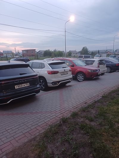 The image displays a row of parked cars along a brick sidewalk. The cars are oriented vertically in the frame, suggesting the photo was taken with the camera rotated. The scene appears to be an outdoor setting, likely a residential street or parking area.
Subjects include several vehicles of various colors and models, including a black Geely with license plate "T903TK 154". The license plate also has "RUS" visible. A white car behind it has a license plate that appears to read "T598CT 154".
The background shows a cloudy sky with some hints of sunset colors, suggesting it is either early morning or late evening. There are also houses and trees visible, indicating a semi-urban or suburban environment. The ground is a paved brick walkway next to a strip of grass and dirt.
No people are visible in the image. The overall mood is neutral and observational.