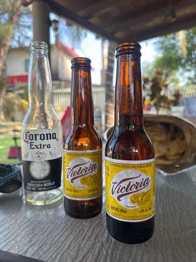 The image shows three empty beer bottles: two "Victoria" and one "Corona Extra." The "Victoria" bottles are amber-colored with yellow labels, while the "Corona Extra" bottle is clear with a white label. The bottles are arranged horizontally on what appears to be a reflective surface, possibly a table. There's a bag of chips partially visible in the background. The scene appears to be outdoors, with trees and possibly a building visible in the blurred background. Based on the beer brands and the environment, it is likely the location is Playa de Chachalacas, Mexico.