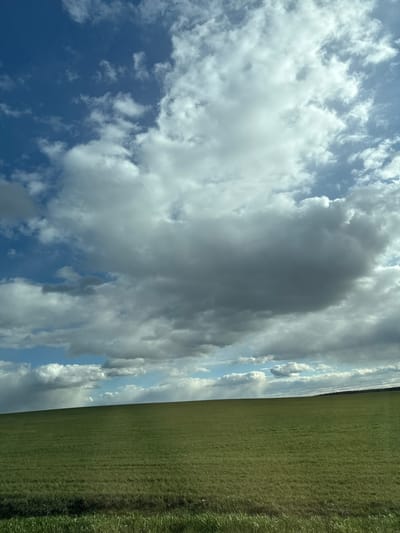 The image depicts a landscape scene in what appears to be a rural setting. The right side of the frame is dominated by a field of green grass. The left side of the image features a sky filled with a mix of white and grey clouds set against a blue background. The horizon line between the field and the sky is relatively straight. The field extends into the distance, suggesting an open expanse. There are no visible people or animals. The specific location within Bol'shaya Sosnova, Russia, is not discernible from the image.