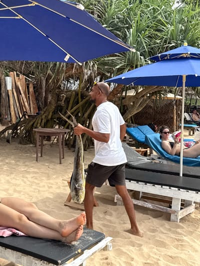 A man in a white t-shirt and dark shorts holds a large fish by the tail on a sandy beach. He is tanned with a shaved head and glasses. Two blue umbrellas are visible. In the background, a woman lies on a beach chair. In the foreground, the lower legs and feet of another person are visible on a black lounge chair. Behind the man is vegetation and wooden planks stacked together.