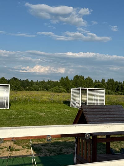 This is a vertical, eye-level, outdoor photograph taken in Колокша, Russia. The scene depicts a natural environment with some man-made structures. In the foreground, a wooden railing with decorative glass light bulbs spans the width of the frame. Below the railing, elements of a wooden play structure are visible, including ropes and a dark green swing seat.
The midground features a lush green lawn interspersed with patches of sandy soil and a synthetic green mat. Beyond the lawn, a field of grass with scattered purple flowers stretches towards a line of trees. A white, slatted modern structure, possibly a gazebo or screen, stands in the middle ground to the left. To its right, a similar white, slatted structure is visible, partially obscuring a dark wooden roof of another structure, which appears to be a playhouse. A string of white lights is visible running horizontally across the field of flowers.
The background is dominated by a dense forest of green trees under a blue sky with scattered white clouds. The lighting suggests it is late afternoon or early evening, with the sun casting shadows. There are no people or animals present in the image.
