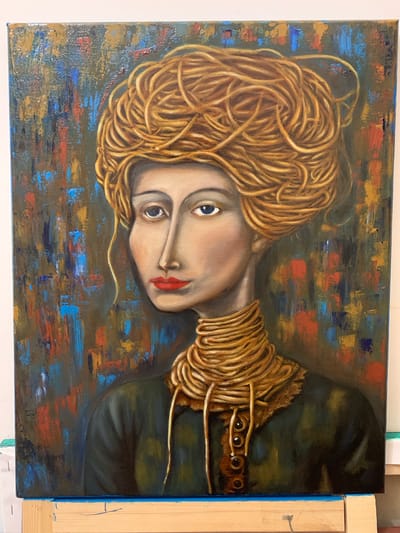 This is a close-up oil painting of a woman's face and upper body. She has bright blonde, curly hair that is piled high on her head and also forms a sort of elaborate collar or wrap around her neck. Her face is pale with bright blue eyes and red lips. She is looking directly at the viewer with a slightly melancholic expression. The background is an abstract mix of dark greens, blues, reds, and yellows, with visible brushstrokes creating a textured effect. The painting appears to be on canvas, and the edges of the canvas are visible, with a wooden frame on the right side. There is no discernible text in the image. The setting and time of day are not indicated. The activity appears to be a portrait.