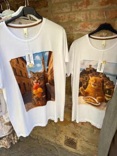 Two white t-shirts are displayed on hangers against a brick wall. The t-shirt on the left features a graphic of a tabby cat eating an ice cream cone in a European street. The t-shirt on the right shows a graphic of an orange cat eating a fish at a table with a glass of white wine, with a village scene in the background. Both t-shirts have price tags attached. The scene is likely in Pienza, Italy, given the architectural style depicted on the t-shirts.