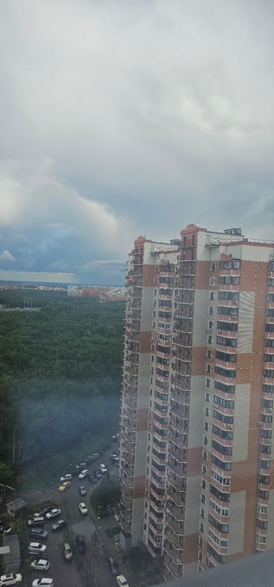An aerial shot captures a view of the cityscape of Butovo, Russia, under a cloudy sky. Dominating the foreground is a tall, multi-story apartment building with a facade featuring alternating panels of light grey and reddish-brown brickwork. The building has numerous balconies with dark railings. To the left of the apartment building, a dense green forest stretches out, with more buildings visible in the distance on the horizon. Below the apartment building and along a road winding through the trees, a number of parked cars are visible, of various colors and models. In the lower left portion of the image, a plume of light grey smoke or fog hangs low over the trees and the road, partially obscuring some of the parked vehicles and a small, rustic structure. The overall scene depicts a residential area nestled amidst greenery, under a somber, overcast sky.