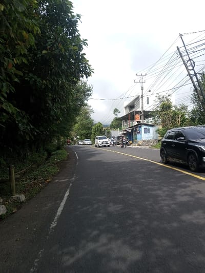The image captures a roadside scene in Saing Ta Mawt Lay, Myanmar, under an overcast sky. A dark asphalt road, marked with a broken white line on its left shoulder and a solid yellow line delineating the right side of the visible lane, extends from the foreground into the midground. Heavy green foliage and tall trees line the left side of the road, with a narrow dirt and grass verge containing a weathered wooden post. On the right side of the road, a black SUV is partially visible in the immediate foreground, facing away from the viewer. Further down the road, a white SUV, a group of motorcycles with riders, and another white car are present. Behind these vehicles, structures include a multi-story white building with a dark roofline and an upper balcony, and a smaller, light blue single-story building featuring a covered porch. A dense array of overhead utility wires is strung between power poles across the right half of the midground. Distant, hazy hills are faintly discernible beneath the cloudy horizon in the background.