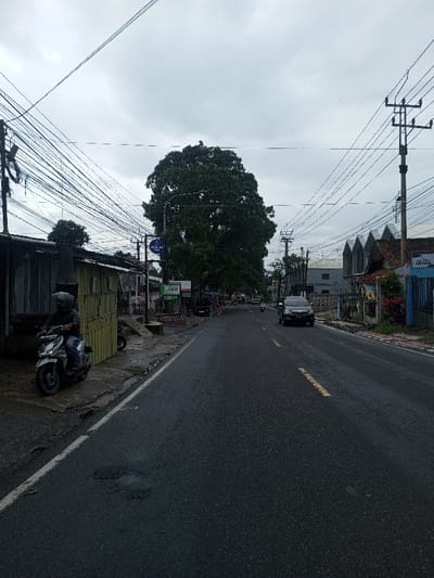 The image displays a street scene in Kamji Na-Yekha, Bhutan, under an overcast sky. A dark asphalt road, marked with a broken yellow dashed centerline and a solid white edge line on the left, extends from the foreground into the background. In the immediate left foreground, a person wearing a dark helmet and clothing is stationary or moving slowly on a silver/grey scooter (consistent with a Honda Beat model), positioned on a paved shoulder adjacent to a light yellow corrugated metal structure. Numerous black electrical and communication cables are densely strung overhead between multiple utility poles running along the left side of the street. A large, full-canopied green tree stands prominently on the left, mid-ground, behind a utility pole adorned with blue and green signage. Further down the road on the left, additional commercial or residential buildings are visible. On the right lane of the road, a dark-colored SUV (consistent with a Toyota Innova) is driving towards the camera. Other vehicles, including scooters and cars, are discernible in the distance, indicating traffic flow. The right side of the road features another utility pole with overhead wires, followed by several buildings; one exhibits a distinctive multi-gabled roofline, and another has a blue facade with "INTAN" written in white, fronted by flowering plants. The environment presents an urban setting with a mix of structures and extensive overhead utility infrastructure.