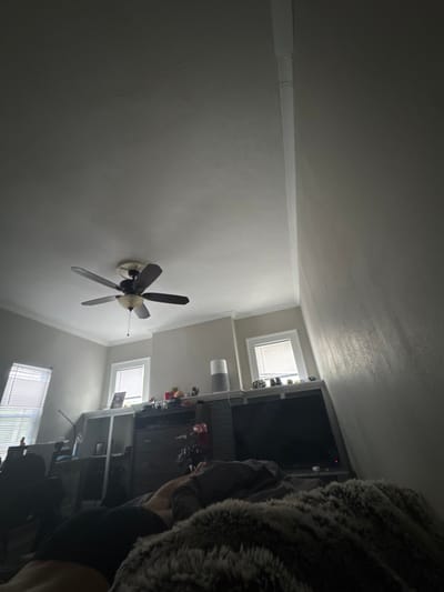 The image displays an indoor residential scene, likely a living area or bedroom, observed from a low perspective. The specific location within South Bend, United States, is not discernible from the visual information provided.
In the foreground, the lower torso and legs of an individual are partially visible, covered by a dark, shaggy blanket. The person is lying down, positioned with their back towards the camera, wearing dark shorts or underwear.
The room features light-colored walls with white crown molding and a light-colored ceiling. A dark-bladed ceiling fan with a central light fixture is mounted on the ceiling. Three windows are visible: one partially shown on the far left, and two smaller, rectangular windows centered on the rear wall. All windows are equipped with white horizontal blinds, partially open, allowing natural light to illuminate the room.
Beneath the two central windows, a long, low media console or shelving unit extends across the wall. A dark, rectangular flat-screen television, unpowered, is positioned centrally on this unit. To the left of the television, a tall, light-gray cylindrical device, resembling an air purifier or smart speaker, stands. Several small, indistinct personal items, including a framed photograph, are arranged on the shelves. In the lower-left, a dark piece of furniture, possibly a chair or desk, is partially visible. A vertical light-colored conduit or decorative strip runs along the upper section of the right wall.