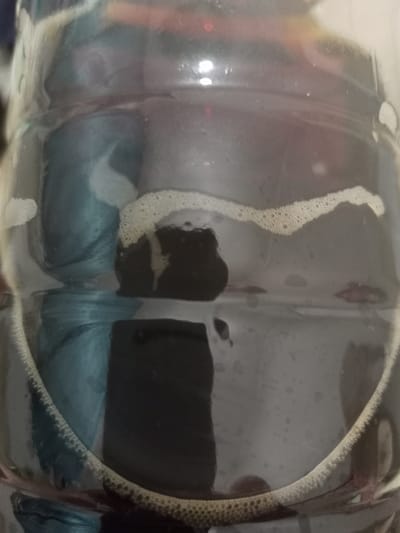 The image shows a close-up view of a clear plastic bottle filled with a dark liquid and some blue and white yarn. There are bubbles forming on the surface of the liquid, indicating some sort of active process is occurring, possibly fermentation or a chemical reaction. The yarn is loosely wound within the bottle, partially submerged in the liquid. The lighting is dim and appears to be artificial, casting reflections on the plastic surface. The overall impression is of an experiment or a homemade project, possibly related to dyeing or brewing. There are no people visible, and no text is present in the image. The scene is contained entirely within the bottle, which serves as both the object and the setting. The context of Zudilovo, Russia, does not provide any immediate visual cues that are discernible within the image itself.
