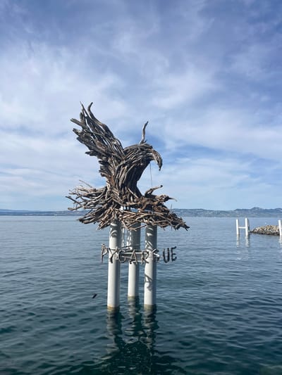 The image shows an outdoor sculpture of an eagle made from driftwood, situated in the water off the coast of Évian-les-Bains, France. The sculpture is mounted on three white poles that extend from the water. Below the eagle sculpture, the word "PYRGARASUE" is spelled out using more driftwood letters attached to the poles. The sculpture is positioned on a calm body of water, likely a lake or sea, with a distant shoreline featuring hills and buildings. The sky above is partly cloudy with a light blue hue. In the background, there are two white H-shaped structures in the water, possibly buoys or part of a dock, and a rocky structure to the right. The overall scene depicts a scenic waterfront with a prominent artistic installation.