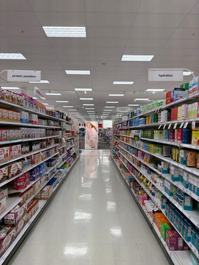 This is a photograph taken from an eye-level perspective inside a retail store. The scene depicts a wide aisle with shelves stocked with health and nutrition products. The aisle is well-lit by fluorescent ceiling lights, and the floor is a clean, reflective white tile.

On the left side of the aisle, shelves are filled with various protein powders, represented by boxes and canisters. Signs hanging from the ceiling indicate "protein powders" and "protein bars & snacks."

On the right side of the aisle, shelves are also stocked with similar products, including hydration drinks and supplements. A sign overhead reads "hydration." Further down the aisle, a large promotional display features a young woman wearing a pink outfit. The store appears to be a chain retailer, possibly a pharmacy or a large grocery store with a dedicated health section. The overall impression is one of an organized and well-stocked retail environment.