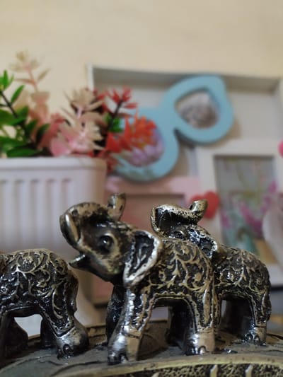 The image displays a close-up view of three decorative elephant figurines arranged on a textured surface. The elephants are metallic, with intricate carvings on their bodies. In the background, out of focus, is a white rectangular object, possibly a frame or a planter, filled with artificial flowers in various colors, including pink, white, and red. Behind this, a light blue, heart-shaped object is visible, and further back, other blurred frames and decorative items can be discerned against a neutral-colored wall. The lighting is soft, casting faint shadows. There are no people or animals present, and no indication of the location being in Bilajari, Azerbaijan.