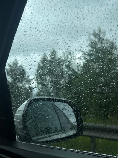 The image shows a view through a car window on a rainy day in Pesterevo, Russia. The window is covered in numerous raindrops of varying sizes, distorting the view of the outside environment. In the foreground, the dark interior of the car is visible along the bottom edge of the frame. To the left, a portion of the car's door panel is seen, with a dark, textured surface. A side-view mirror of the car is reflected in the window, showing a dark, metallic housing. Outside, the scene is dominated by a blur of green trees, suggesting a roadside or wooded area. The sky is overcast and grey, contributing to the overall somber mood of the scene. There are no people visible in the image.
