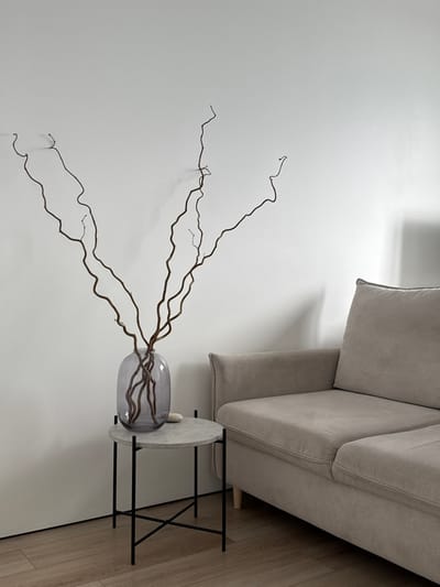 This image depicts a minimalist interior scene located in the city of Башкултаево, Russia. A large, ovoid, smoky-gray glass vase, containing multiple dark brown, gnarled bare branches, is positioned on a small, round side table. The table features a light gray, textured top and a black metal base with intersecting legs. A single, light-colored, irregularly shaped stone or pebble rests on the table next to the vase. To the right, a segment of a light beige fabric-upholstered sofa with defined cushions and light wooden legs is visible. The background consists of plain white walls, onto which the branches cast distinct shadows from a light source seemingly originating from the right. The flooring is composed of light-toned wooden planks. No individuals, actions, or direct interactions are present in the frame.