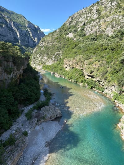 The image presents an elevated view of a river winding through a deep, mountainous gorge in the city of Unknown, Montenegro. The upper section of the frame features a clear, bright blue sky with a few small, wispy white clouds visible in the upper right.

Dominating both sides of the river are steep, rugged mountain slopes. The left slope is characterized by prominent, layered grey rock formations with vertical striations, partially covered by dark green foliage, particularly in its lower sections which are cast in shadow. The right slope appears to be slightly less sheer, covered extensively by dense green deciduous trees and shrubs, with interspersed grey rock outcrops and several small, dark indentations or cave-like openings visible in the rock face above the river.

The river itself, flowing from the background towards the foreground, exhibits exceptionally clear, vibrant turquoise-emerald green water, allowing the light-colored, pebbled riverbed to be distinctly visible. The river's width and depth vary, with shallower, rock-strewn sections creating ripples and deeper, calmer pools. A single, dark, indistinct object is discernible floating mid-stream in the distance.

The river banks consist of narrow strips of light grey and off-white pebbles and larger boulders, particularly on the left bank in the foreground, where dense green vegetation grows immediately adjacent to the water. Sunlight illuminates the scene from the upper right, casting distinct shadows on the left mountain face and extending onto portions of the river and its left bank. No human figures, animals, or visible man-made structures are present in the scene.