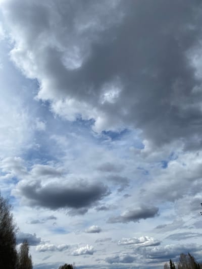 The image shows a view of the sky in Nekrasovo, Russia. The sky is filled with a mix of dark gray storm clouds and lighter white clouds with patches of blue sky visible in between. In the upper right corner, there are power lines visible against the sky. The tops of trees line the lower edge of the image. The angle is looking upward toward the sky from an outdoor location.