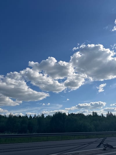 This vertical photograph captures an outdoor daytime scene near Semenovo, Russia, under a bright blue sky with numerous scattered cumulus clouds. The upper two-thirds of the image are dominated by the sky, ranging from a deep blue at the top to a lighter hue towards the horizon. Multiple large, white, and grey cumulus clouds occupy the mid-upper section, showing distinct shadows indicating strong sunlight. A dense, dark green forest or woodland forms a horizontal band across the lower middle of the image. Below the tree line, a silver-colored metal guardrail extends horizontally across the frame. The bottom portion of the image reveals a dark asphalt road with faint white markings. On the far right side of the road, several dark, interwoven cables or chains lie on the asphalt, adjacent to a broken, dark wooden or metallic object. A tiny dark speck, potentially a bird or insect, is visible in the clear sky above the right side of the tree line. No people or active interactions are present.