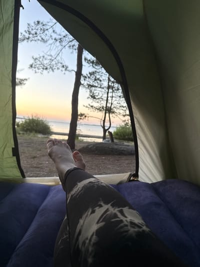 Captured from within an olive-green tent, the image offers a tranquil view of an outdoor scene. A person's bare foot and lower leg, adorned in black and white patterned leggings (resembling a tie-dye or camouflage design), are visible on the right, resting on a blue inflatable sleeping pad or mattress.
Through the tent's open flap, a serene landscape is revealed. The sky along the horizon exhibits soft, warm hues of orange, pink, and yellow, strongly suggesting either sunrise or sunset. This warm light extends over a calm body of water, likely a lake. The foreground outside the tent shows dirt or sand, while sparse, dark-branched trees, possibly pines, frame the distant view, their forms silhouetted against the bright sky.
The scene depicts a peaceful moment of relaxation during a camping trip, likely by a lake in Zerendi, Kazakhstan. The overall atmosphere is calm and serene. There is no visible text in the image.