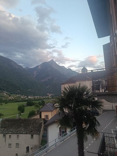 The image shows a view from an elevated position overlooking a valley with mountains in the background. In the foreground, there are several buildings with tiled roofs, a street, and a palm tree. The sky is partly cloudy. The scene appears to be a rural or semi-rural area with residential buildings and agricultural land. The location is identified as Serravalle, Switzerland. This specific view could be from a residential property or a viewpoint within the town. Detailed description: **Environment:** * **Mountains:** Large, green, tree-covered mountains dominate the background, with a prominent peak in the center. The slopes are steep and appear to be forested. * **Valley:** A wide valley stretches between the foreground buildings and the mountains. It is characterized by green fields, possibly agricultural land, with some scattered trees and smaller buildings. * **Sky:** The sky exhibits a mix of light blue and grey clouds, suggesting it might be late afternoon or early evening, or a period of changing weather. Some hints of pinkish light are visible in the clouds on the right side, indicating potential sunset or sunrise colors. * **Road:** A paved road curves through the scene in the middle ground, with dashed white lines indicating lanes. * **Vegetation:** A large palm tree with prominent fronds is in the mid-foreground, to the right of the frame. Other scattered trees and greenery are visible in the valley and around the buildings. **Buildings:** * **Foreground Buildings:** Several buildings are visible in the foreground. * A light-colored, multi-story building with a stone or rough-textured facade is prominent on the left, featuring multiple windows with shutters and a dark, textured roof. A dark doorway is visible at ground level. * Adjacent to it, a lighter, yellowish building with a tiled roof is visible. * A building with a bell tower, likely a church or chapel, is located further back on the right, with a dark-tiled roof and a domed spire. * A modern building with a flat, dark roof overhang is positioned at the very top right of the image. * **Distant Buildings:** A cluster of smaller buildings, appearing to be houses and possibly a small village or hamlet, are scattered on the lower slopes of the mountains in the distance. **Objects:** * **Balustrade/Railing:** A metal railing, possibly a balcony or fence, is visible in the mid-foreground on the right side, featuring decorative scrollwork. * **Street Furniture:** A small circular table