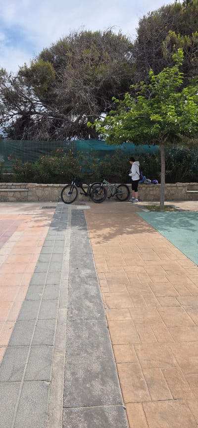 The image shows a paved walkway in El Port De Sagunt, Spain. The walkway consists of rows of pink, gray, and tan brick segments. A person stands next to two parked bicycles near a tree and a green hedge, with a stone wall behind them. The person is wearing a white shirt and black shorts. A blue backpack and helmet sit behind the person near the tree trunk. Another tree is located on the left side of the image.