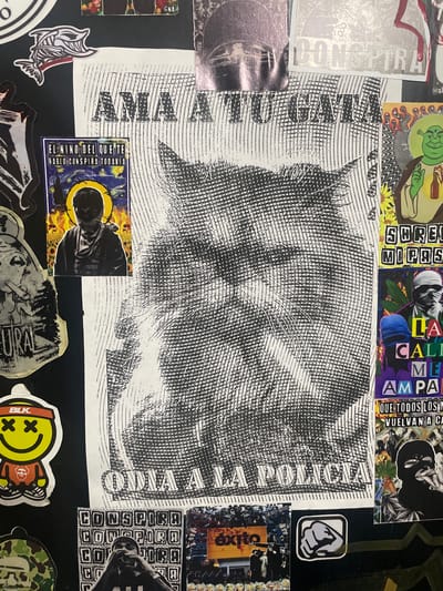 The image depicts a collage of stickers and posters adhered to a dark, vertical surface, likely a wall or a door. The central element is a large poster featuring a black and white, highly detailed drawing of a cat's face, rendered in a fine stippling technique. Above the cat's face, the text "AMA A TU GATA" is printed in a bold, distressed font, with "AMA" and "TU GATA" appearing as separate lines. Below the cat's face, the text "ODIA A LA POLICIA" is similarly rendered.

To the left of the central poster, there are several smaller stickers. One is a yellow smiley face with black X's for eyes, wearing a red bandana and a red shirt with a black graphic. Another sticker to the left and slightly below shows a black and white drawing of a face with smoke coming from its mouth.

To the right of the central poster, there are more stickers and a poster. One features a green character resembling Shrek, holding a bottle and standing before a floral background. Below this is a sticker with the text "SHREK MIPAS" in a blocky font. Further down, a poster displays a person with their face wrapped in bandages, smoking. This poster also contains the text "LA CALLE ME AMPA" and "QUE TODOS LOS NI VUELVAN A CASA". At the bottom right, a sticker shows a person wearing a black balaclava and smoking.

At the bottom of the collage, a smaller poster with the text "CONSPIRA" repeated multiple times is visible, featuring a black and white image of a person making a gesture with their hands. Another sticker to the left of this shows a camouflage pattern with a white skull design.

A partially visible poster at the bottom center contains the word "éxito" in large letters, with a crowd of people in the background.

The image does not contain any visual cues that would indicate its location in Santa Marta, Colombia. The context is limited to the collection of artistic and potentially political imagery.