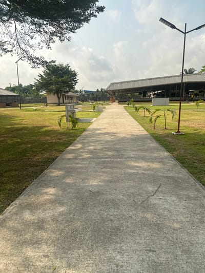 The scene depicts an outdoor park-like or institutional area in Ozuaha, Nigeria, viewed from a low-angle perspective looking down a central concrete pathway. No individuals are present.
A straight, light grey concrete pathway, approximately 2.5 meters wide, extends from the immediate foreground towards the mid-ground, then slightly curves to the right before disappearing from view. The path shows minor surface imperfections and light discoloration. A small, dark, Y-shaped twig rests on the path in the foreground.
The pathway is flanked on both sides by well-maintained green grass, which appears somewhat drier on the right side. Dappled sunlight and shadows from overhead foliage are visible on the left portion of the pathway and the adjacent grass.
Along the left side of the pathway, approximately one-quarter into the frame, stands a light grey concrete structure with two basins and two visible faucets, resembling an outdoor handwashing station. Further back on the left, a single-story, light-colored building with a dark roof and several windows is visible, situated behind a large, dense green tree with a rounded canopy. Partially visible on the far left is a dark-roofed structure, possibly a gazebo. A tall, slender black pole with a single rectangular LED light fixture and what appears to be a small solar panel is positioned to the left of the pathway.
Along the right side of the pathway, several small, young palm trees with thin trunks and green fronds are planted in individual concrete planters at regular intervals. A tall, slender black pole with two rectangular LED light fixtures angled outwards, supported by a short horizontal crossbar, stands to the right of the pathway. This pole also appears to be solar-powered.
In the mid-ground and background, a large, open-sided structure with a distinctive grey, corrugated metal roof supported by an exposed metal framework dominates the right side. Yellow elements are faintly discernible within this structure. In the far background on the left, behind the large tree, a blue industrial-looking building or structure is visible. Various other trees, shrubs, and fencing are present in the distant background.
The sky is partly cloudy with visible patches of blue, indicating daylight conditions. Strong shadows suggest bright sunlight, likely mid-morning or late afternoon.