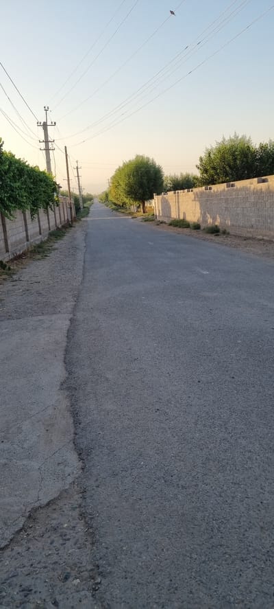 A paved road runs through a rural area. On the left side of the road, there is a concrete fence covered in green vines. Further along the road, there are utility poles and power lines. On the right side of the road, there is a wall made of light-colored bricks, with a line of trees behind it. The road stretches into the distance, where mountains can be seen. The sky is clear and blue. A small bird is perched on a power line in the upper right portion of the image. The scene appears to be during daylight. The location is in the vicinity of Хаваскор, Tajikistan.