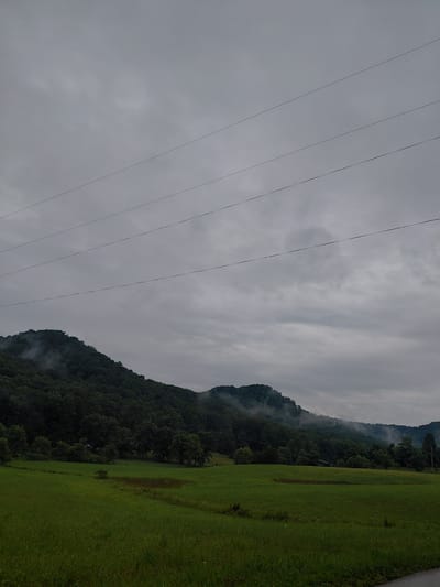 This is a full-frame, landscape, eye-level, medium shot of a cloudy, rural scene. The image features rolling green hills covered in dark green trees. A field of bright green grass is in the foreground. Several power lines stretch horizontally across the sky, which is a muted gray with dark clouds. Fog or mist clings to the trees on the hills. A small, dark structure is visible in the distance on the hillside. The overall mood is somber and overcast. There are no people or animals visible in the image. The location is identified as being in Stanton, United States.