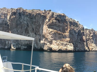 The image depicts a wide view of a boat sailing on a calm sea in front of a massive, rugged cliff face. The cliff is a prominent natural feature, characterized by its textured, rocky surface, with layers and crevices visible. Sparse vegetation can be seen growing along the upper edges of the cliff. The sky above is clear and blue, suggesting a sunny day.
The foreground of the image shows a portion of the boat's white railing and canopy, with a bit of the deck visible. The sea is a deep blue, with gentle ripples reflecting the sunlight. The water appears clean and inviting.
On the boat, the heads of two individuals are partially visible, looking out towards the cliff. One person has blonde hair pulled back, and another person has dark hair. They appear to be passengers enjoying the scenic view.
While the exact location within Alghero, Italy is not explicitly identifiable from the image alone, this type of dramatic cliff and coastal scenery is characteristic of the Capo Caccia area or other coastal regions around Alghero, which are known for their impressive limestone cliffs and sea caves, often explored by boat tours. The scene captures a moment of leisurely sightseeing, likely part of a tourist excursion.