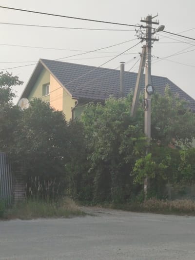 The image shows a light green house with a dark gray roof and a light beige accent wall. A satellite dish is mounted on the left side of the house. A concrete utility pole with a street lamp and numerous wires stands to the right of the house, partially obscuring it and surrounded by trees and foliage. The scene appears to be in a rural or semi-urban area, possibly in Oseshchyna, Ukraine, given the context. The ground in the foreground is a dirt or gravel road. The sky is overcast and light.