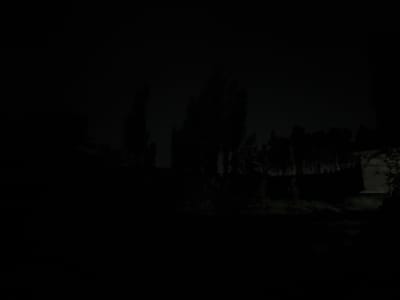 The image depicts a dark, outdoor scene with a row of silhouetted trees against a dimly lit sky. In the background, a small, light-colored structure, possibly a shed or small building, is visible on the right side of the frame. The ground in the foreground is obscured by darkness, but appears to be a natural surface, possibly dirt or grass. The overall impression is of a rural or suburban environment at night, with minimal artificial lighting. The location is identified as Kara Kitay, Uzbekistan.