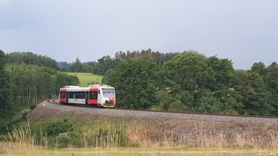 A red and white train is traveling on a curved railway track through a rural landscape. The train, which appears to be a passenger train with multiple cars, is moving from left to right. The railway track is flanked by a gravel embankment on one side and green vegetation on the other. In the background, there is a dense forest with various types of trees, and beyond that, rolling hills with some patches of open grassland. The sky is overcast with a pale grey color. The scene is set in the countryside, likely in a non-urbanized area given the abundance of trees and open space. The image captures a moment of transit in a natural environment.
