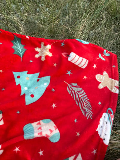 A red fleece blanket with a Christmas theme is spread out on green grass. The blanket features various festive motifs, including gingerbread men, candles, evergreen sprigs, snowflakes, holly leaves, Christmas trees, and stockings, all printed in white, light blue, and gold. The scene appears to be outdoors, with the grass suggesting a natural setting. The lighting is soft, indicating it might be daytime, possibly under overcast skies or in the shade, as there are no harsh shadows. The image provides no clues about a specific time of day, weather conditions beyond the presence of grass, or any particular emotions. There is no visible text in the image. The location context is given as Өндіріс, Kazakhstan.