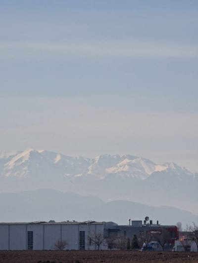A panoramic, static daytime image captures an industrial complex situated in Hălchiu, Romania. The foreground consists of a dark brown, tilled field. In the midground, an industrial facility occupies the space, featuring a large, light-toned building on the left with multiple vertical rectangular panels. To the right, another industrial section includes a building with a prominent red facade and a structure bearing the "Miele" logo on its rooftop, which also supports various equipment and ventilation systems. Several bare deciduous trees are interspersed among the industrial structures. A light blue utility vehicle is partially visible near the red building. The background reveals multiple mountain ranges; the most distant peaks are distinctly snow-capped and bright white, contrasting with the hazier, lower grey ranges. The sky is a uniform, light blue with subtle atmospheric haze. No human figures or discernible actions are present.