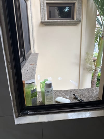 The image shows a windowsill in a bathroom in Rio Oro, Costa Rica. The sill is made of light-colored stone and contains three bottles of personal care products: a green bottle with a white label and the words "TERRE DE VIE" and "ORTIGA", a green plastic bottle with a white label with a yellow design and a white bottle with a green label with the words "For Your Scalp". Next to the bottles is a white bar of soap and a black metal tool. The windowsill is set against a white wall with a small brown window above it. A palm tree can be seen through the window. The location is a bathroom in Rio Oro, Costa Rica, based on the provided coordinates.
