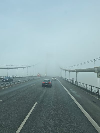The image captures a multi-lane suspension bridge, identified as the New Little Belt Bridge in Snoghøj, Denmark, enveloped in dense fog. The sky above is a uniform light grey, and visibility is severely limited, obscuring the bridge's main towers and distant elements. The asphalt roadway is dark and appears wet in sections, with distinct white lane markings. Multiple vehicles are observed moving away from the viewer. In the right lane, a black Volkswagen Golf (license plate "PJC 959" partially visible) is in the mid-ground, followed by a white sedan further ahead, both receding into the fog. In the left lane, a dark-colored Audi sedan is visible, preceding a red semi-trailer truck and another white truck in the distant background, all partially obscured by the heavy mist. The structural elements of the suspension bridge, including large, tubular main cables and vertical suspender cables, are visible framing both sides of the roadway. Metal safety barriers and railings line the bridge deck edges. No individuals are visible outside of vehicles.