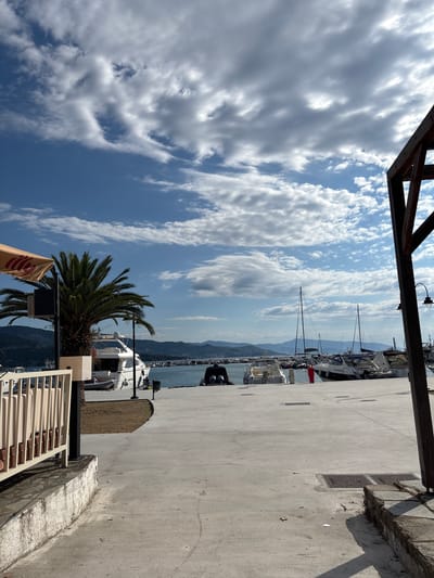 The image depicts a sunlit marina in Néa Irakleitsa, Greece, under a partly cloudy blue sky. In the foreground, a concrete walkway runs towards a body of water where several boats are docked. To the left, a white railing and a palm tree are visible. Several white yachts and smaller boats are moored in the water, with a distant coastline and hills forming the backdrop. A person is seated on the walkway in the middle ground, facing the water. A red object, possibly a fire extinguisher, is positioned near the boats. The overall scene is one of a calm, picturesque maritime setting.