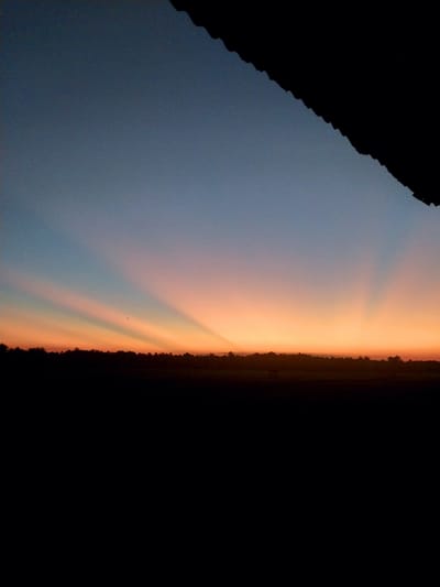 This is a vertical, wide-angle photograph of a sunset over a landscape. The left side of the image is dominated by a dark, irregular shape that appears to be a silhouette of land or trees against a pale blue sky. The right side of the image transitions into a vibrant sunset sky, filled with streaks of orange, pink, and yellow light radiating upwards. A dark, jagged horizon line separates the sky from the land below. The overall impression is one of a dramatic and colorful end to the day. There are two small, dark specks in the sky, possibly birds or insects. The photograph was taken in Labissa, Indonesia, suggesting a tropical or subtropical environment. The time of day is clearly sunset due to the intense colors in the sky. The weather appears clear, allowing for the vibrant display of light. The image evokes a sense of awe and natural beauty. There is no visible text in the image.