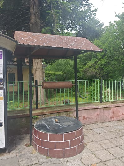 The image depicts an outdoor scene in Tsarev Brod, Bulgaria, featuring a decorative well structure. The well's cylindrical base is painted reddish-brown with white lines simulating brickwork, and it is topped with a black lid that includes a square access panel. A small piece of light-colored debris rests on the lid. Above the well, a brown, pitched roof with painted white scalloped patterns is supported by two dark vertical metal pillars. Between these pillars, a horizontal brown cylinder, likely a winding drum, is mounted, with a black, curved metal crank extending from its right side.
Behind the well, a light green metal picket fence runs horizontally across the midground. To the left of the well and behind the fence, a partially visible light yellow building with dark-framed windows stands, fronted by a dark-barked tree. To the right, a large tree with light-colored bark is prominent, with a dense background of green foliage and various trees, including tall dark green coniferous trees dominating the upper portion of the frame against an overcast sky. The foreground consists of irregular light-colored stone paving, exhibiting cracks and minor organic growth. To the far left, a section of a white and dark vertical information board or vending machine, displaying partial Cyrillic text, is visible. No individuals are present in the scene.